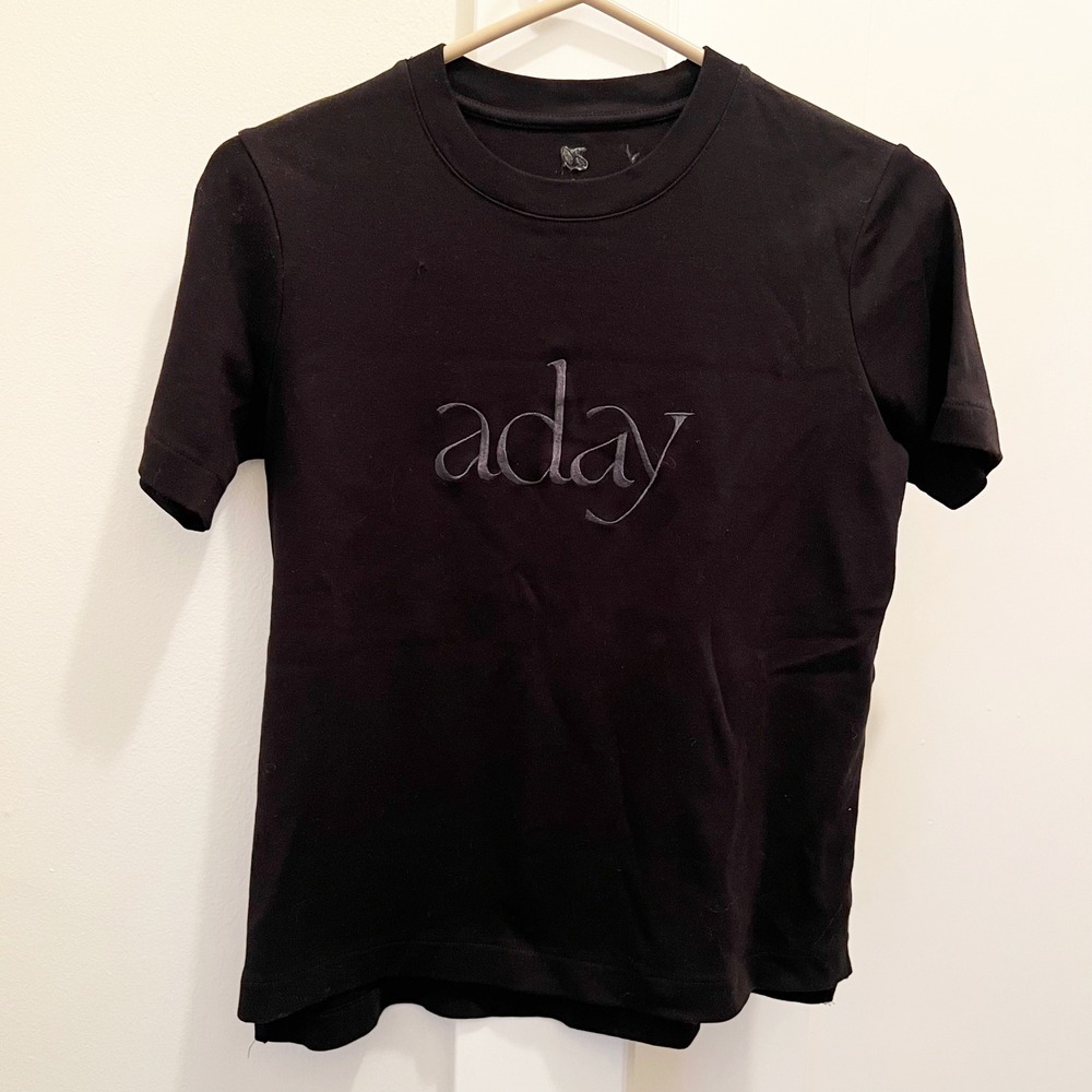 ADAY‎ Logo T-Shirt Small Black Short Sleeve Organic Cotton Embroidered Casual